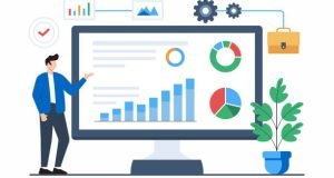 Flat illustration of analyst reviewing performance metrics on real-time project dashboard for efficiency